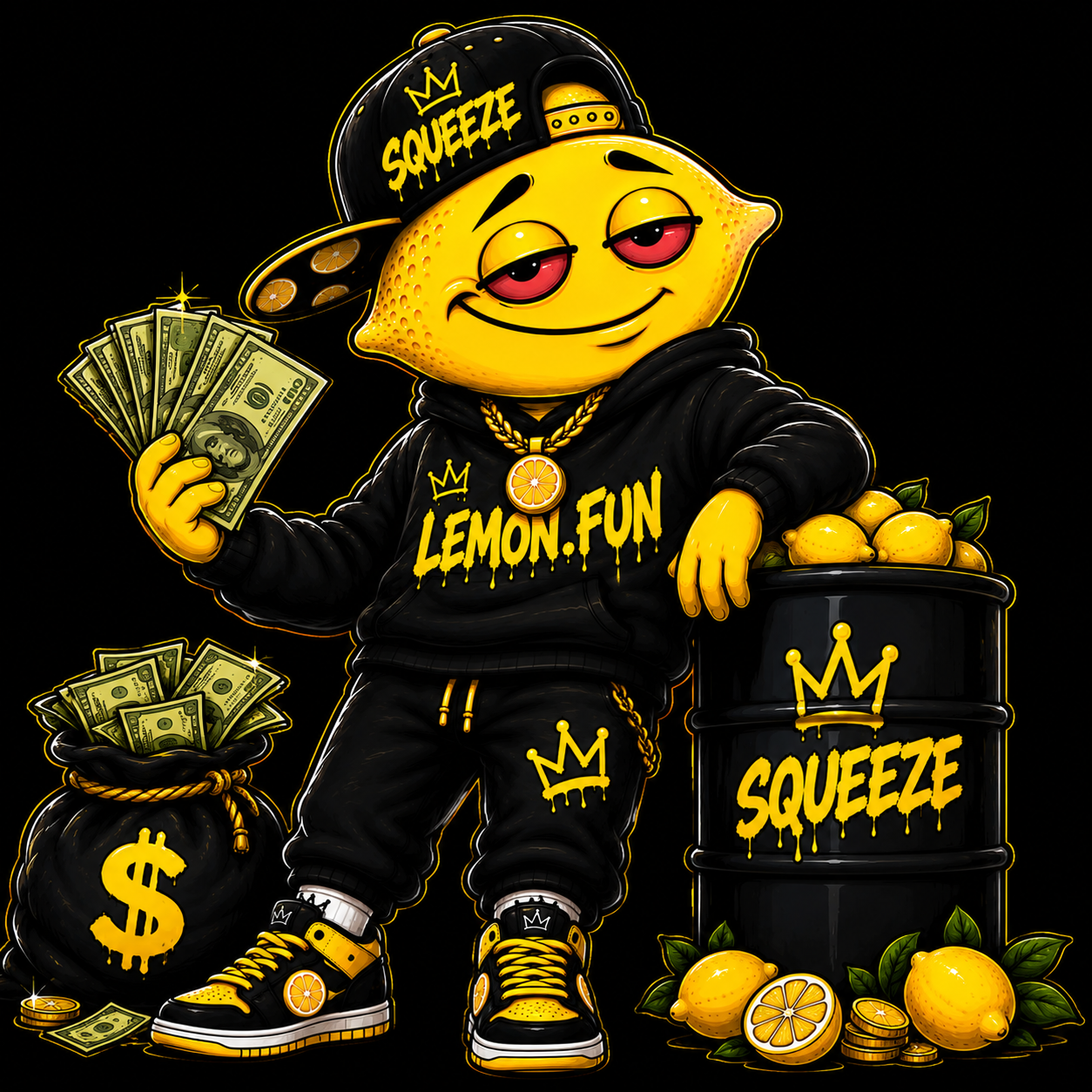 Squeeze holding cash beside lemons and a black SQUEEZE barrel