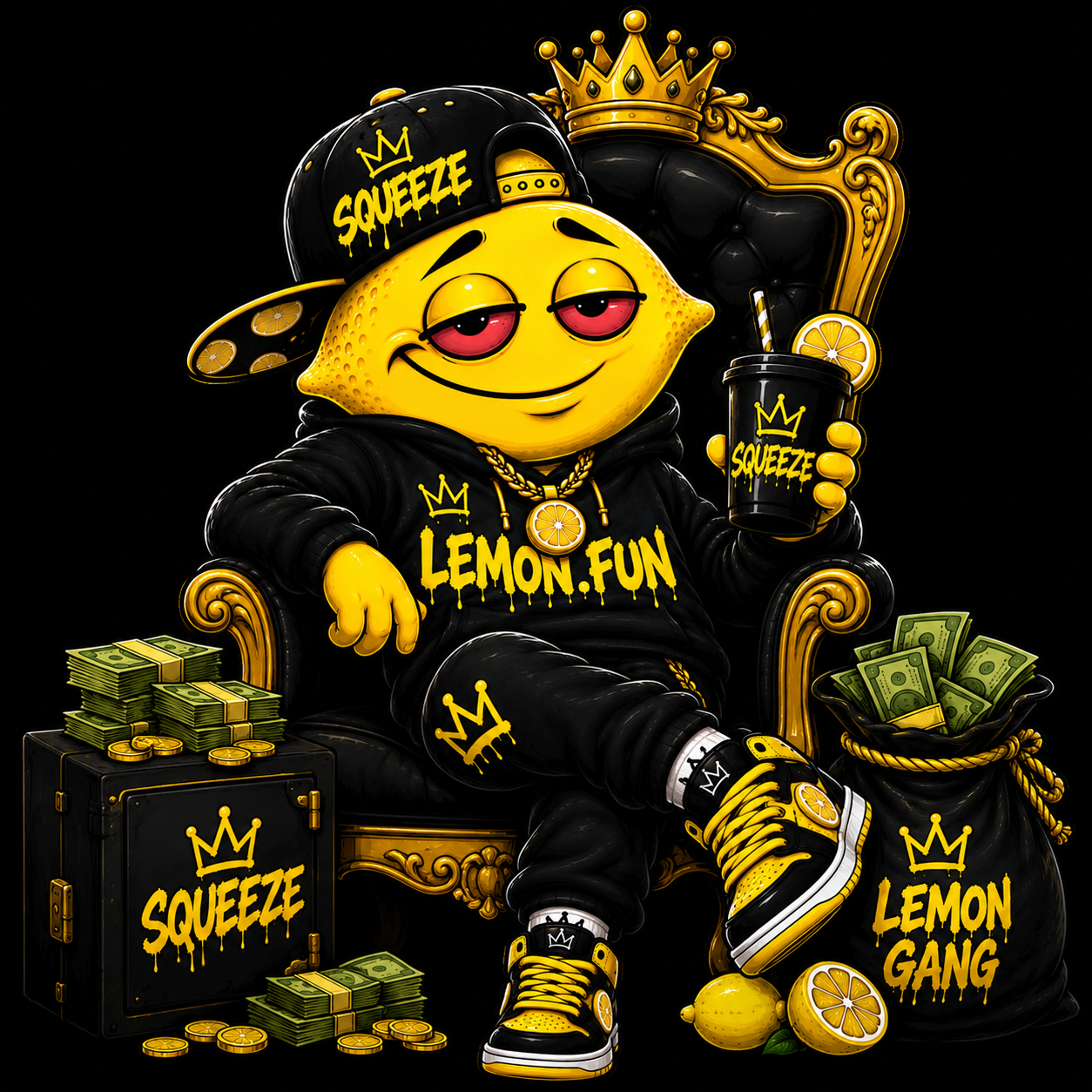 Squeeze dressed in black and yellow streetwear, seated on a gold throne